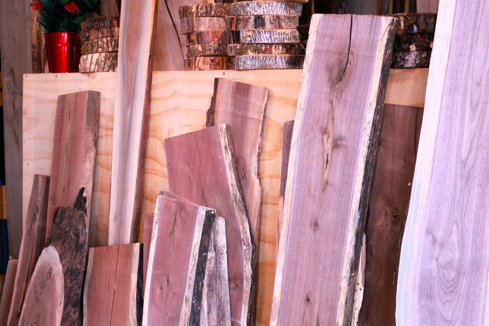 Live-edge slabs standing on end after sawing